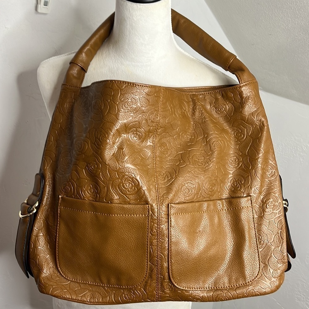 Mellow World Large Tan Shoulder Bag with Floral Embossing BRN4238D